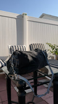 Black denim Duffle bag with silver chain straps