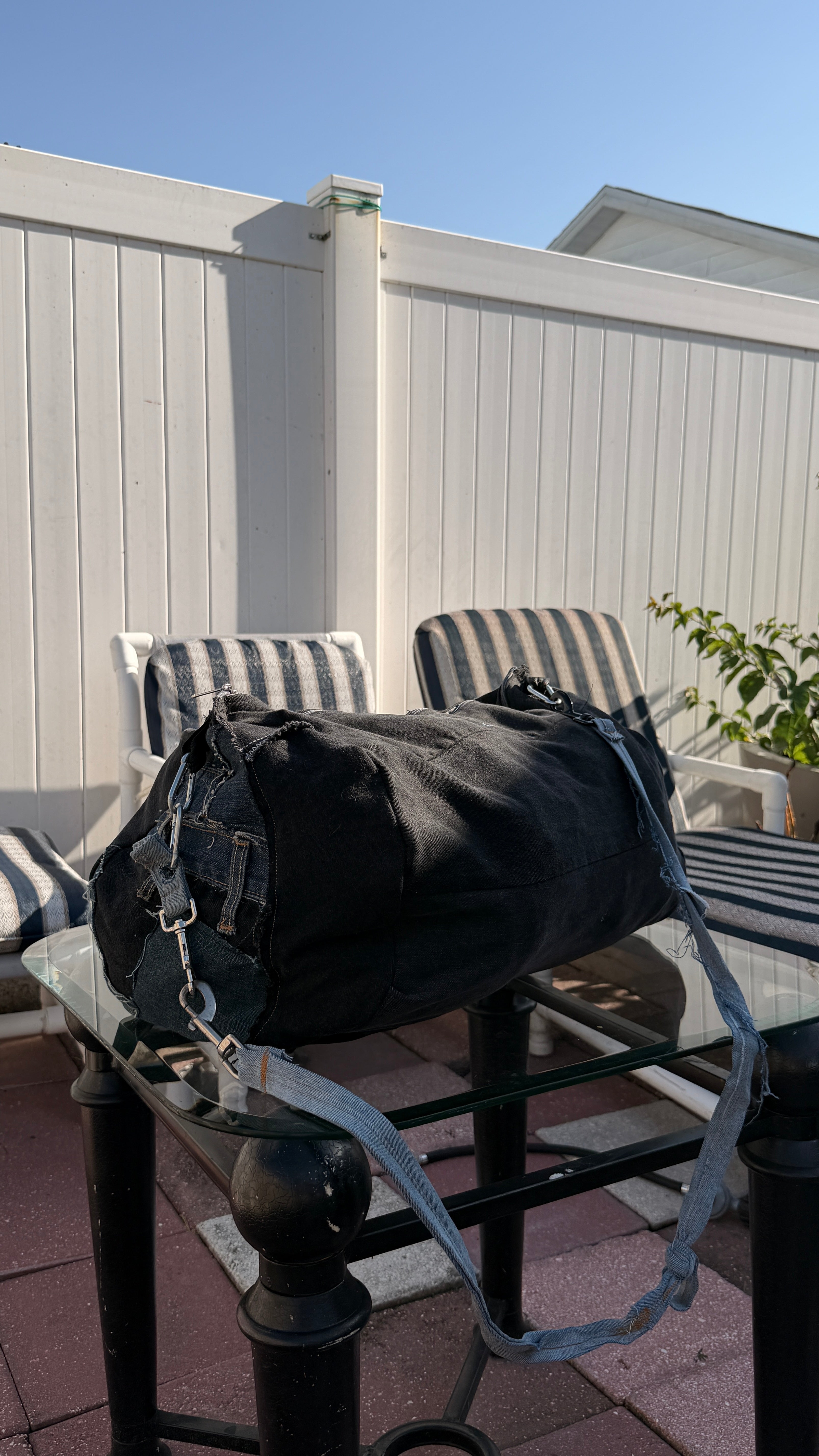 Black denim Duffle bag with silver chain straps