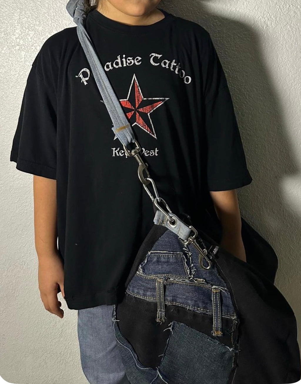 Black denim Duffle bag with silver chain straps