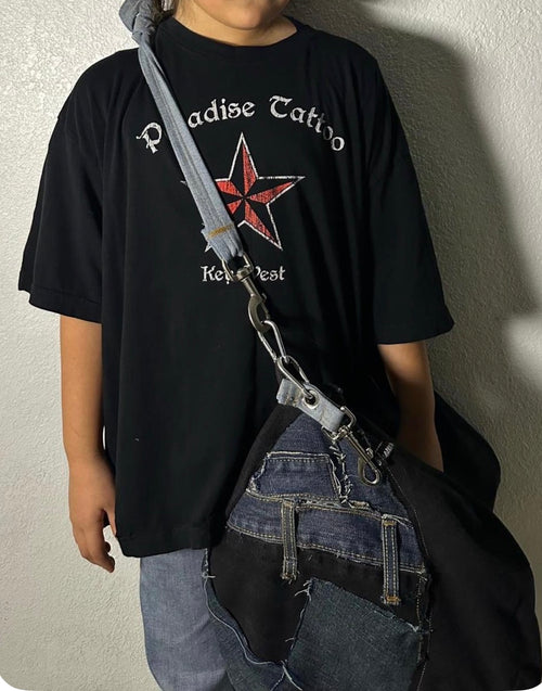 Black denim Duffle bag with silver chain straps