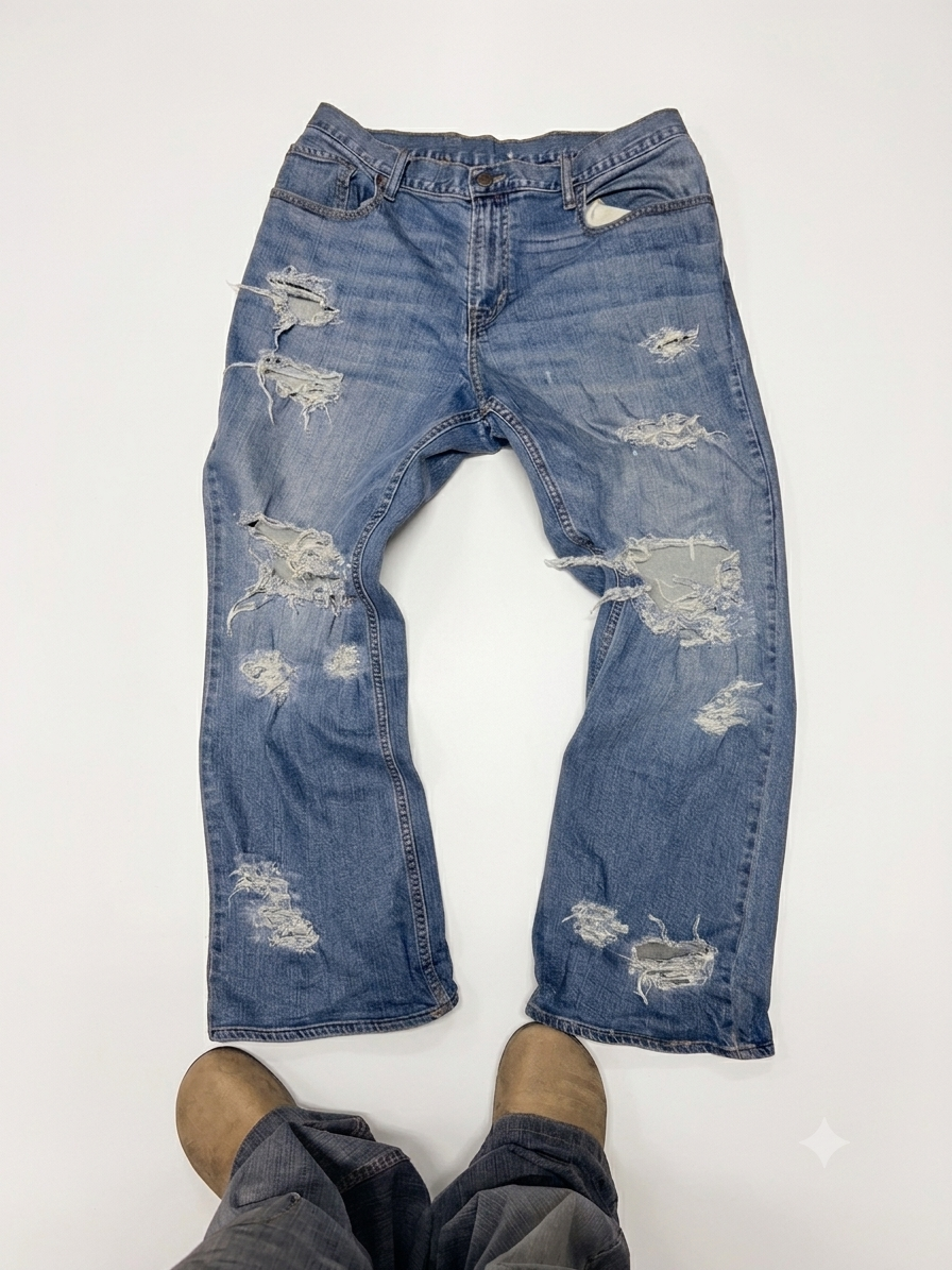 Distressed blue denim jeans with a baggy