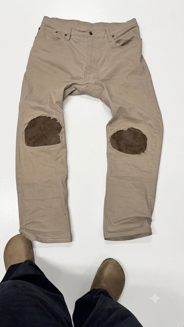 Tan distressed jeans with leather patching on the knee